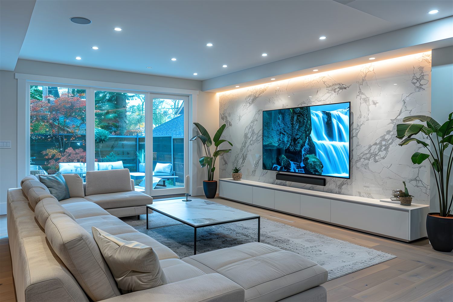 Modern bedroom interior with fitted furniture and soft neutral styling