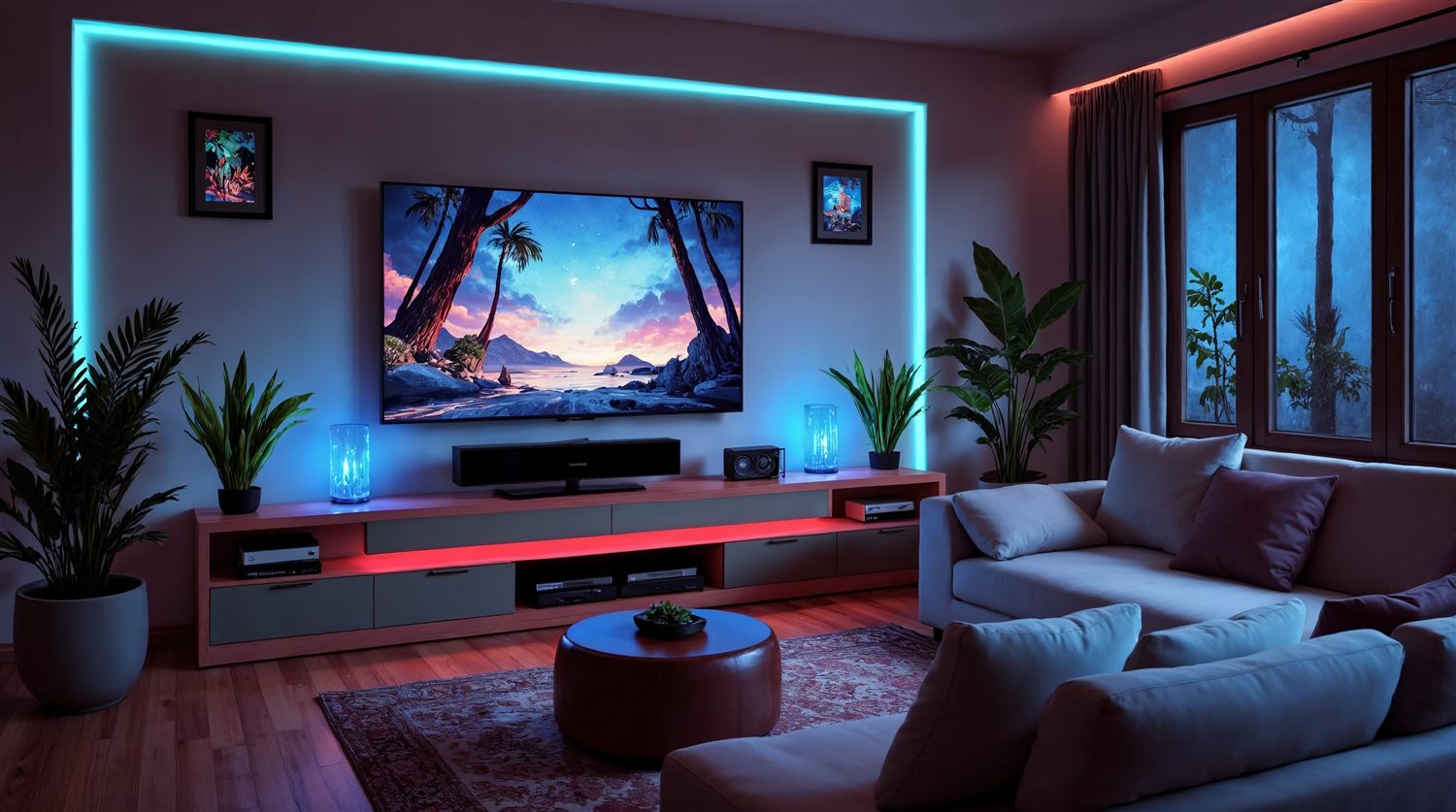 Bright living room with modern media wall and integrated lighting